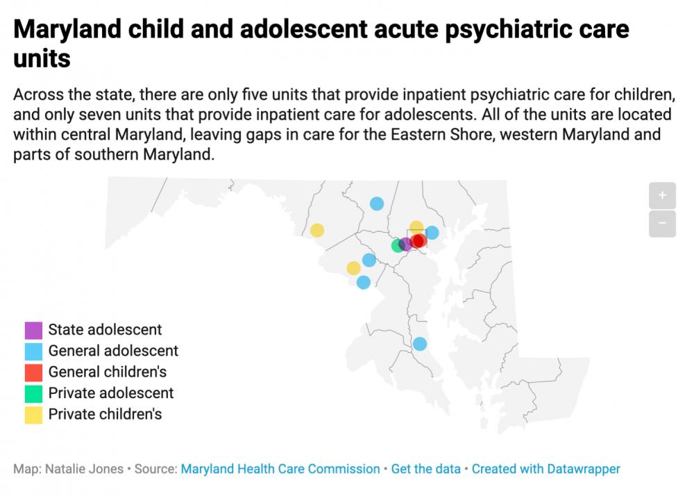 Map of child and adolescent psychiatric units in Maryland